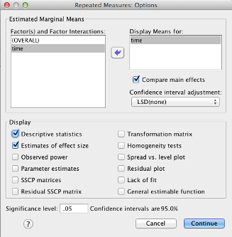 SPSS Repeated Measures Options dialog box
