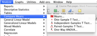 SPSS Analyze Menu showing compare means being selected