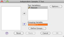 Independent samples t-test dialog box showing grouping variable